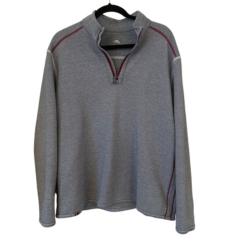 Tommy Bahama Flipview Reversible Men's Large Blue Stripe Heathered 1/4 Zip